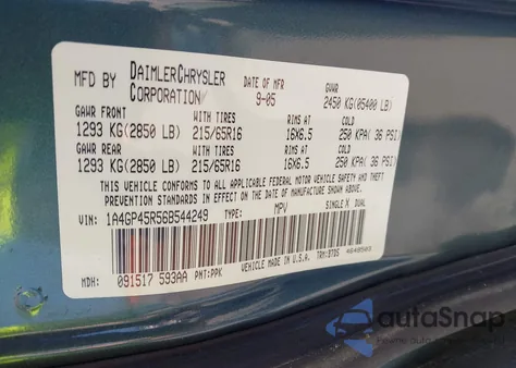 2006 Chrysler Town & Country z USA, uszkodzony, nr VIN 1A4GP45R56B544249